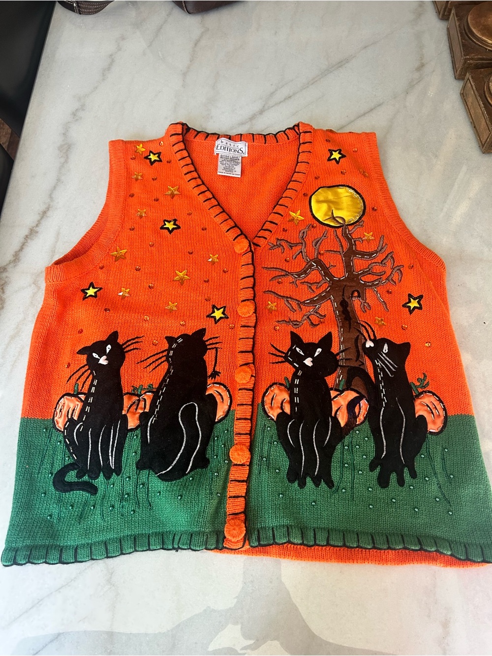 Vintage Basic Editions Halloween Black Cat Pumpkin Sweater Vest XL